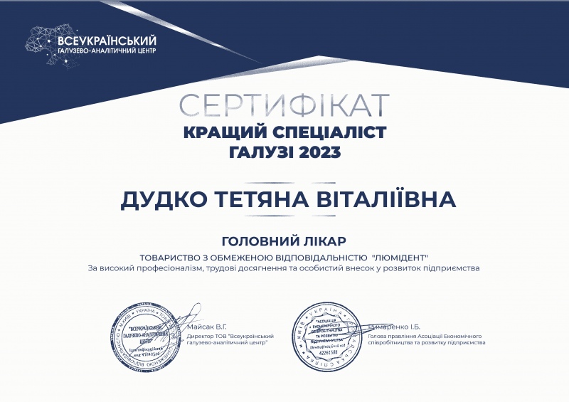 Дудко Татьяна Витальевна - Награда «Лучший специалист отрасли 2023» от Вибір споживача 2023 Дудко Татьяна Витальевна