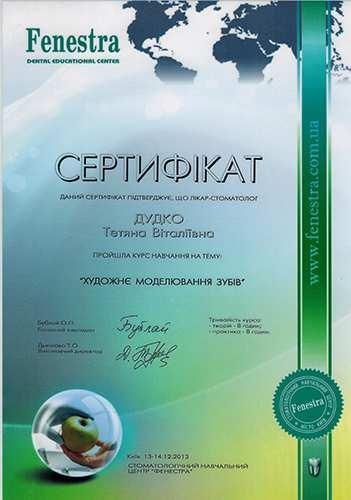 Сертификат по художественному моделированию зубов Дудко Т.В. художественное моделирование 2013 год